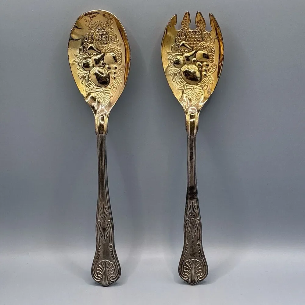 Vintage Gold/Silver Tone Salad Serving Spoon Fork Set Embossed Fruit Pattern